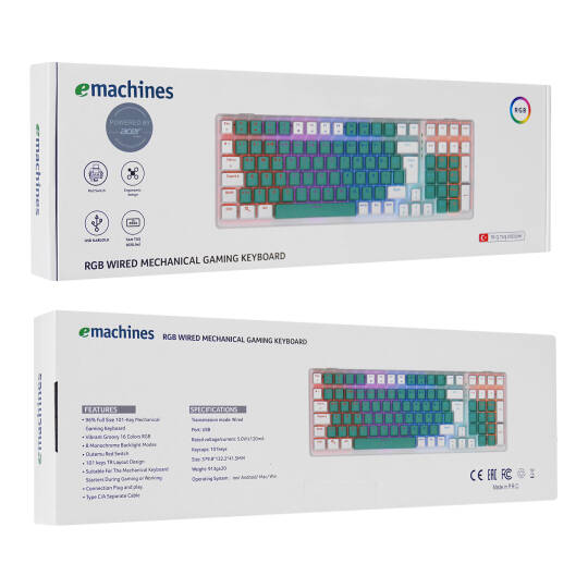 Acer eMachines EAK100 YeşilBeyaz USB RGB Backlight RED SWITCH Mekanik Q 100 Tuşlu Compact Gaming Klavye - 6