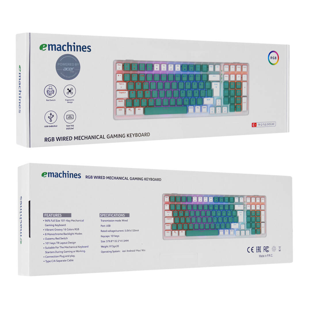 Acer eMachines EAK100 YeşilBeyaz USB RGB Backlight RED SWITCH Mekanik Q 100 Tuşlu Compact Gaming Klavye - 6