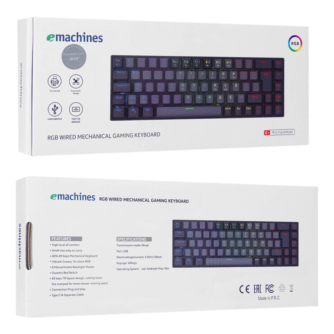 Acer eMachines EAK68 GriSiyah USB RGB Backlight RED SWITCH Mekanik Q 68 Tuşlu Mini Gaming Oyuncu Klavyesi - 6