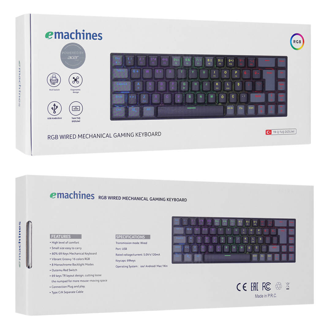 Acer eMachines EAK68 SiyahGri USB RGB Backlight RED SWITCH Mekanik Q 68 Tuşlu Mini Gaming Oyuncu Klavyesi - 7