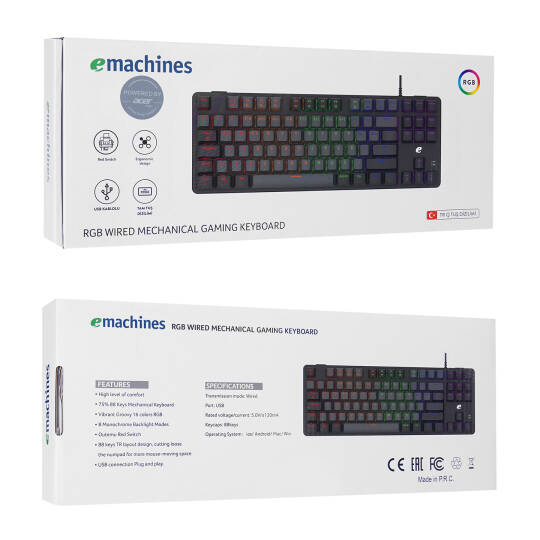 Acer eMachines EAK87 GriSiyah USB RGB Backlight RED SWITCH Mekanik Q 87 Tuşlu TKL Gaming Klavye - 6