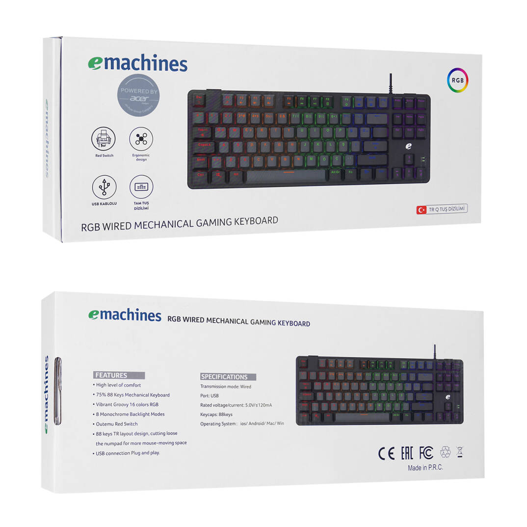 Acer eMachines EAK87 GriSiyah USB RGB Backlight RED SWITCH Mekanik Q 87 Tuşlu TKL Gaming Klavye - 6