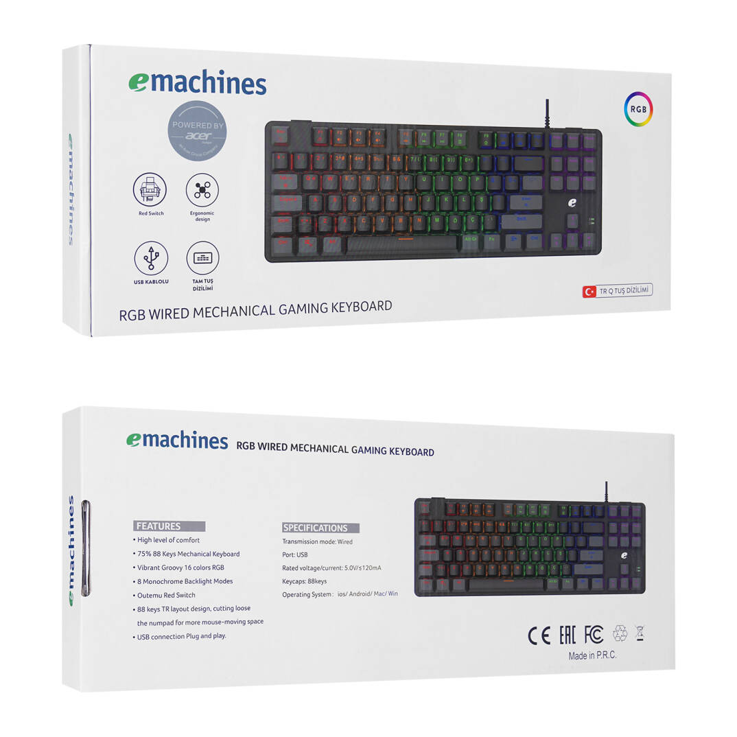 Acer eMachines EAK87 SiyahGri USB RGB Backlight RED SWITCH Mekanik Q 87 Tuşlu TKL Gaming Klavye - 7