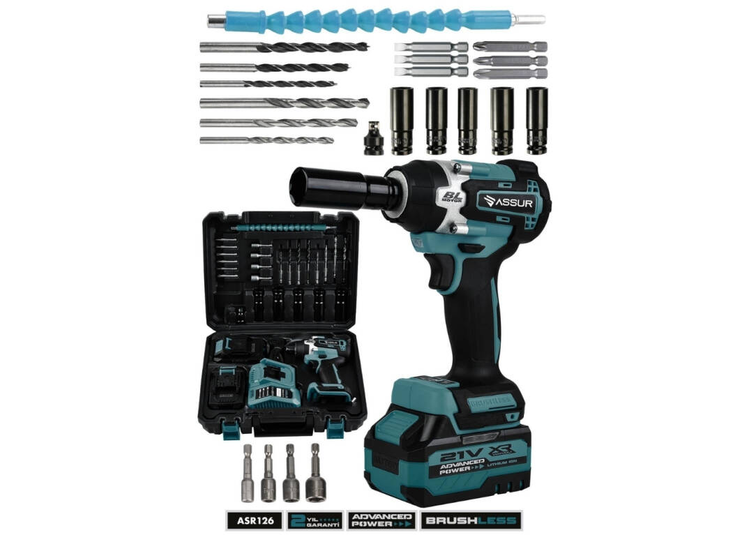 Assur ASR126 450 NM TORKLU 21V ÇİFT AKÜLÜ 10 PİLLİ KÖMÜRSÜZ 12 MAVİ SOMUN SIKMA SÖKME MAKİNESİ - 1