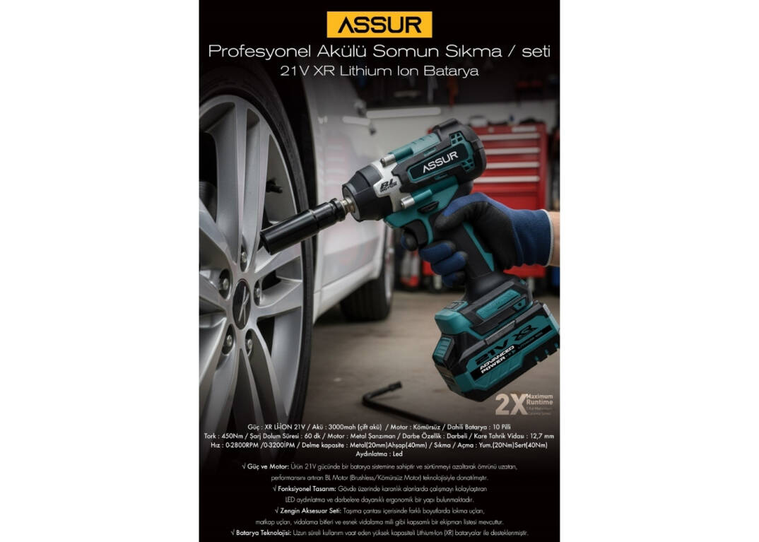 Assur ASR126 450 NM TORKLU 21V ÇİFT AKÜLÜ 10 PİLLİ KÖMÜRSÜZ 12 MAVİ SOMUN SIKMA SÖKME MAKİNESİ - 3