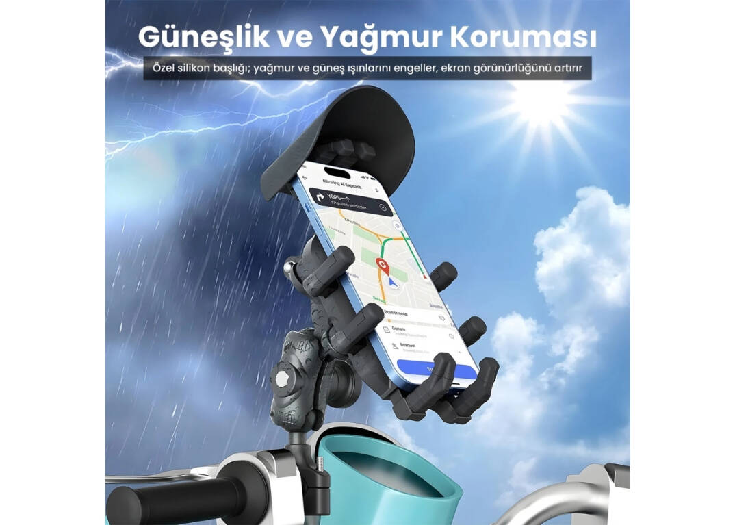 Bix BPH05 Güneş ve Yağmur Korumalı Gidon Bağlantılı 360° Derece Ayarlanabilir Güneşlikli Motosiklet Bisiklet Telefon Tut - 5