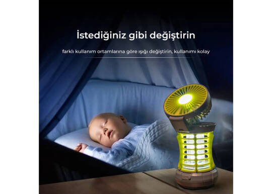 Bix KL-02 Fanlı Sivrisinek Kovucu Kamp Lambası IPX4 Su Korumalı UV Fener - Sarı - 8