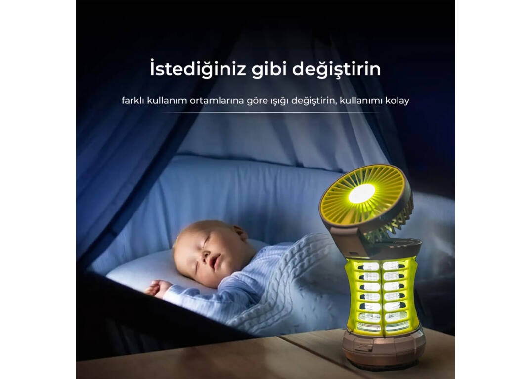 Bix KL-02 Fanlı Sivrisinek Kovucu Kamp Lambası IPX4 Su Korumalı UV Fener - Sarı - 8