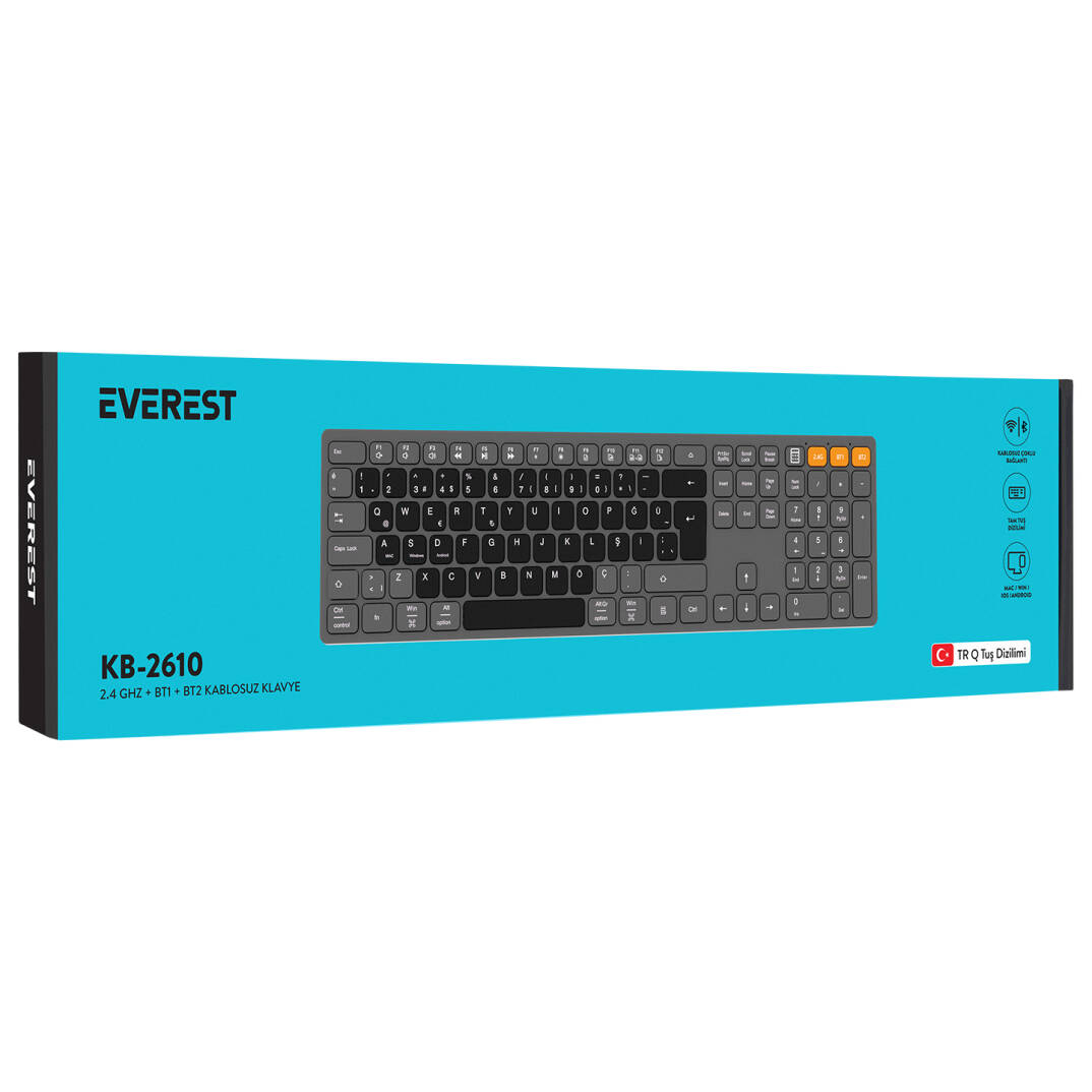 Everest KB-2610 SiyahGri 2.4G+BT1+BT2 üçü bir arada 3 in 1 Q Kablosuz klavye - 8