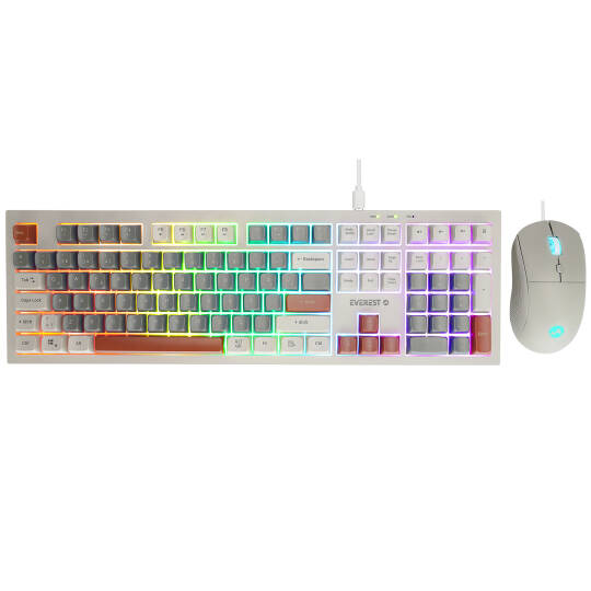 Everest KM-77 Runa GriKremKahve Usb Rainbow Aydınlatmalı Sessiz Q Klavye + Mouse Set