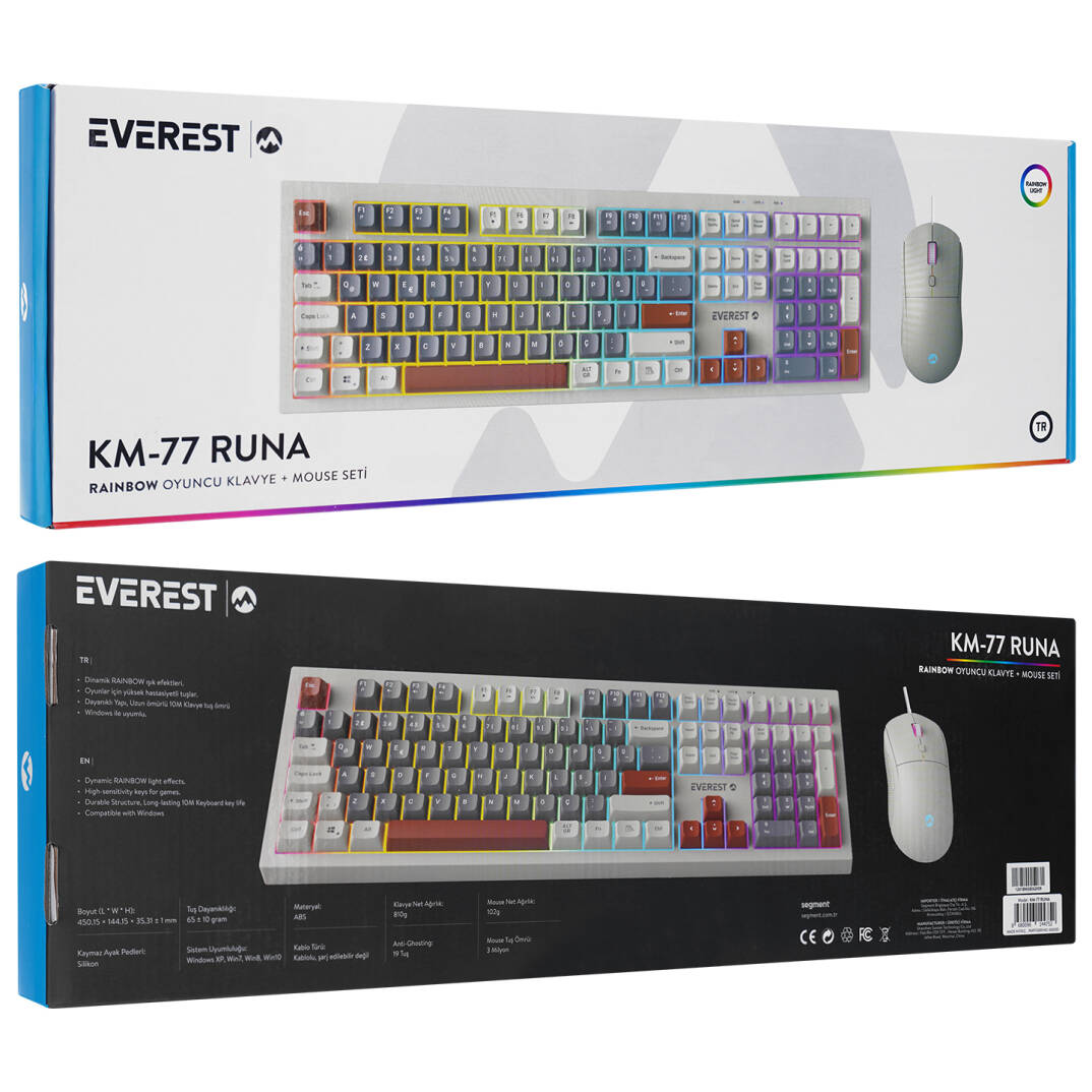 Everest KM-77 Runa GriKremKahve Usb Rainbow Aydınlatmalı Sessiz Q Klavye + Mouse Set - 10